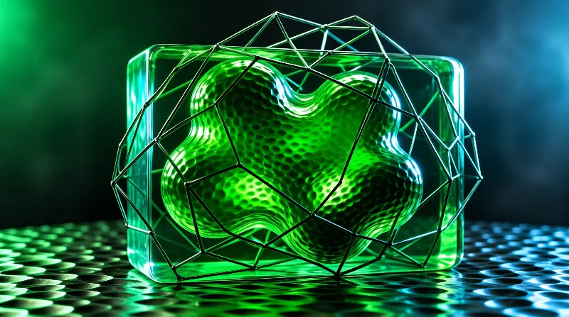 A glossy green organic shape rests inside a transparent cube wrapped by a black wireframe geometric structure.