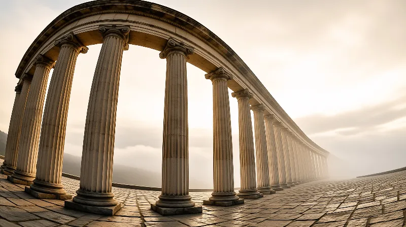 A curved colonnade with fluted columns stands on a stone terrace, bathed in warm golden light that fades into mist.