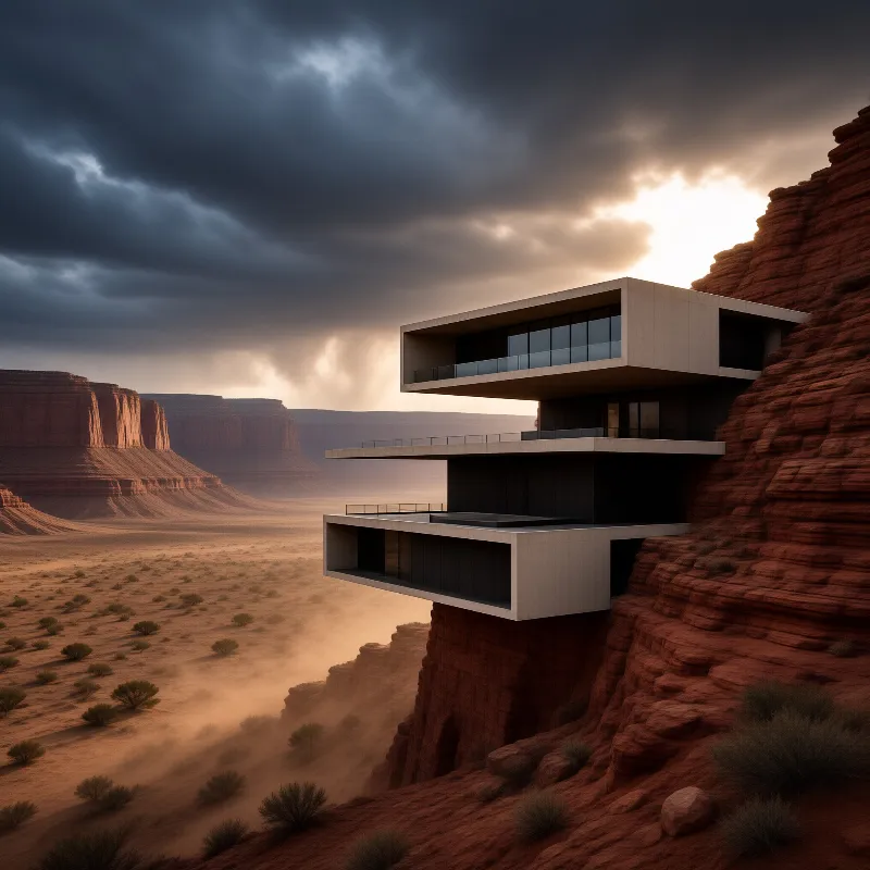 A contemporary cliffside residence perched on red rock formations under a moody sky with sunbeams