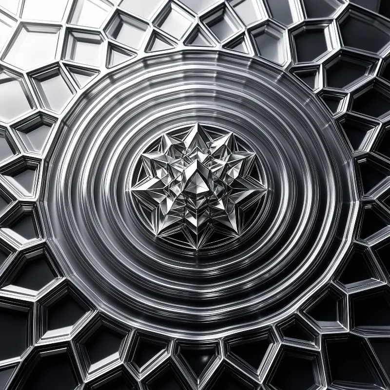 A polished silver starburst sits at the center of rippling metal rings and angular geometric tiles.