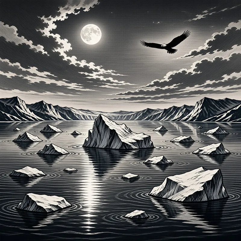A soaring eagle glides above a calm lake scattered with icebergs under a glowing full moon in monochrome