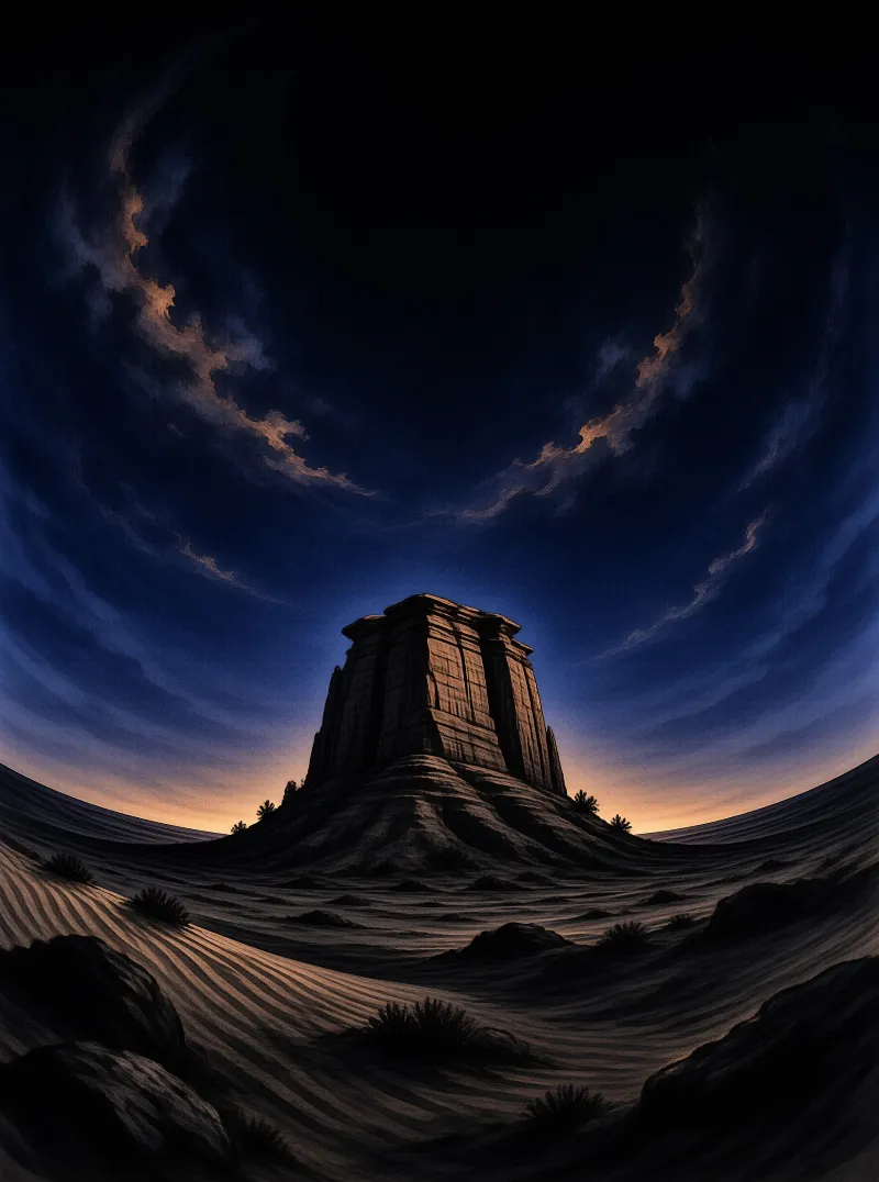A blocky monolith rises above desert dunes beneath a swirling night sky with orange clouds.