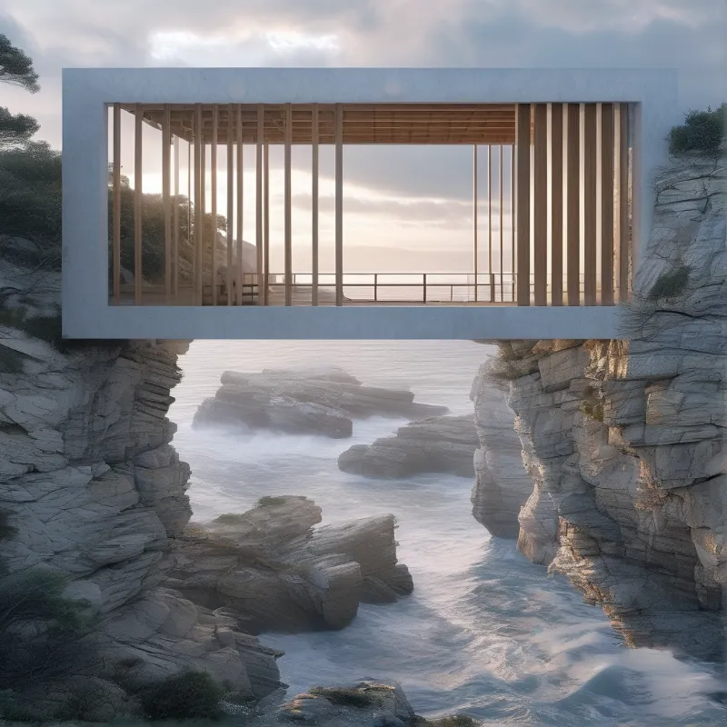 A timber slat structure floats between rocky headlands above long blurred surf under a soft overcast sky.