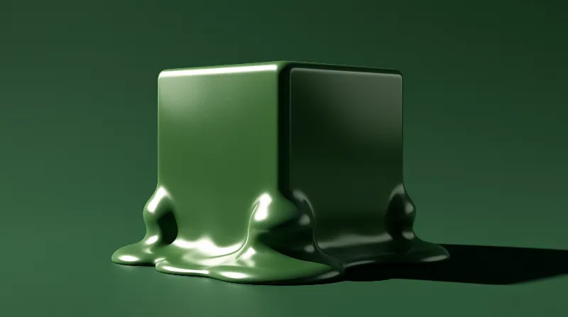 A smooth green block appears to melt at the bottom while sitting on a surface matching its deep hue and glossy finish.