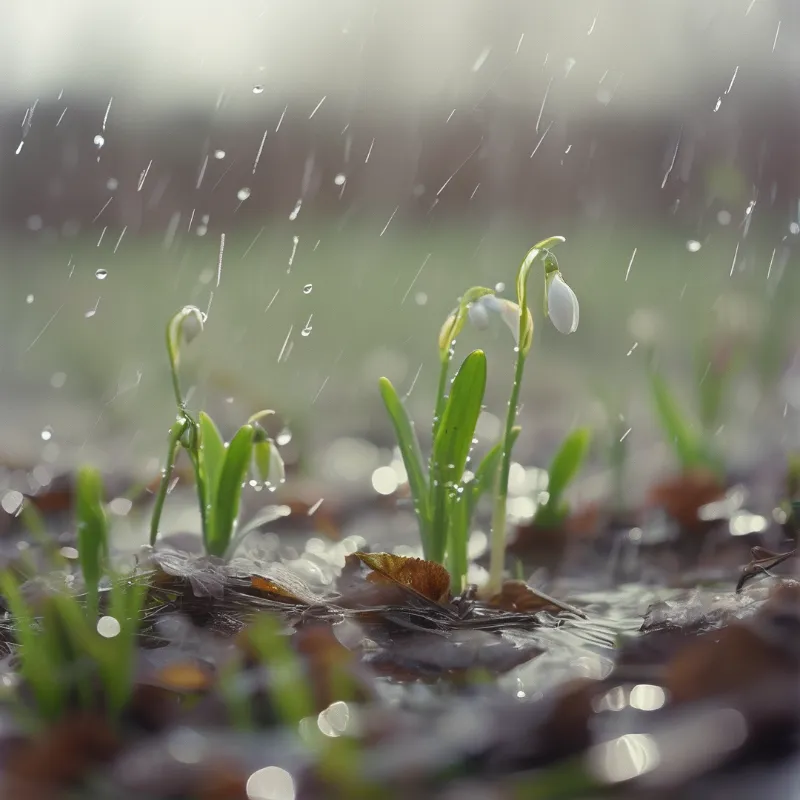 Close up view of white snowdrop flowers growing out of muddy ground while rain falls softly around them.