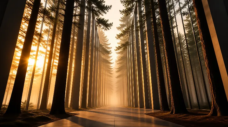 Tall reflective panels stand between pine trunks along a glossy path glowing with warm sunrise light.