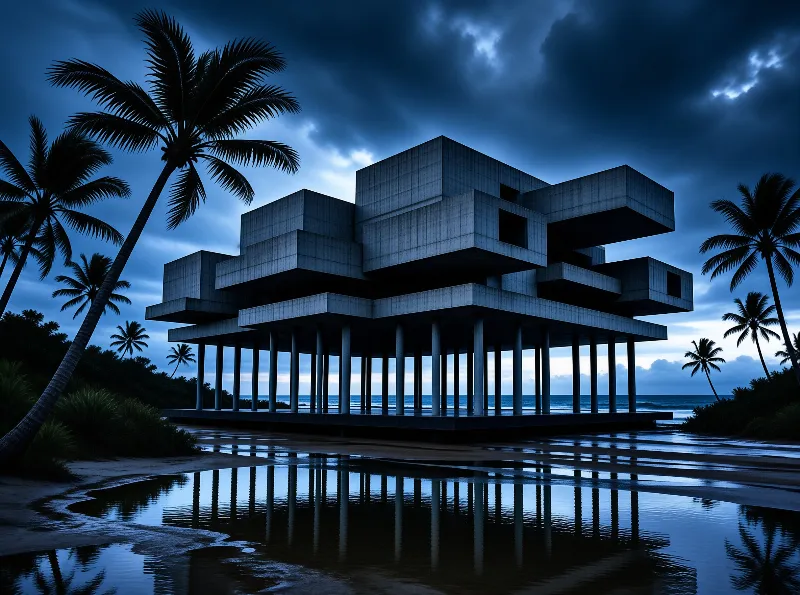 Modern concrete architecture rises on pillars above wet sand under dark clouds near the ocean and palm trees.