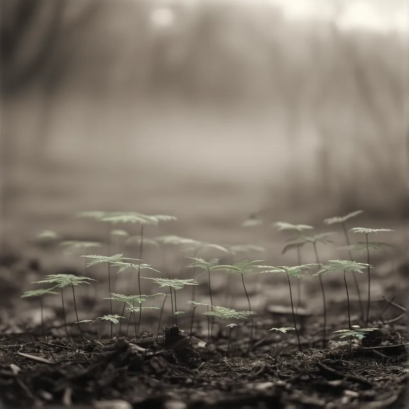 Small green ferns emerging from the dark earth with a blurred brown background