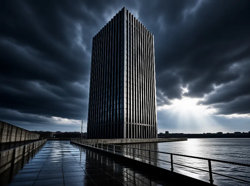 A sharp rectangular glass tower stands beside a rain-slicked riverside walk as sunbeams cut through heavy dark overcast clouds.