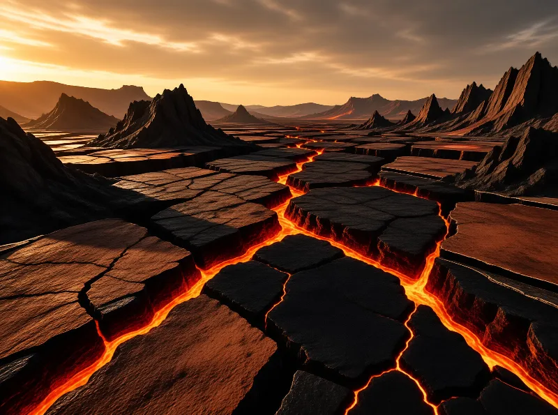 Rivers of glowing molten rock cut through dark stone slabs beneath a smoky golden sky at dusk.