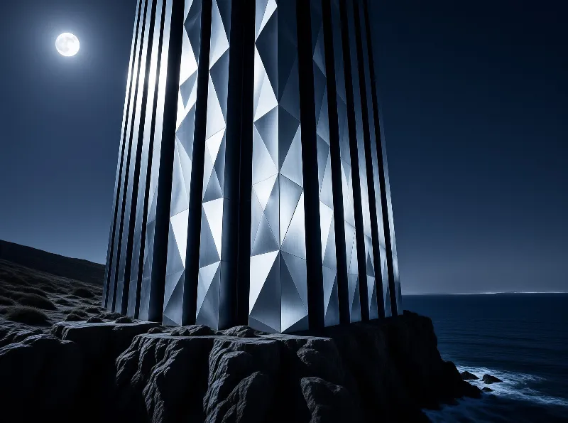 An angular faceted silver tower stands on a rocky coastal cliff at night, illuminated by a bright full moon over the dark sea.