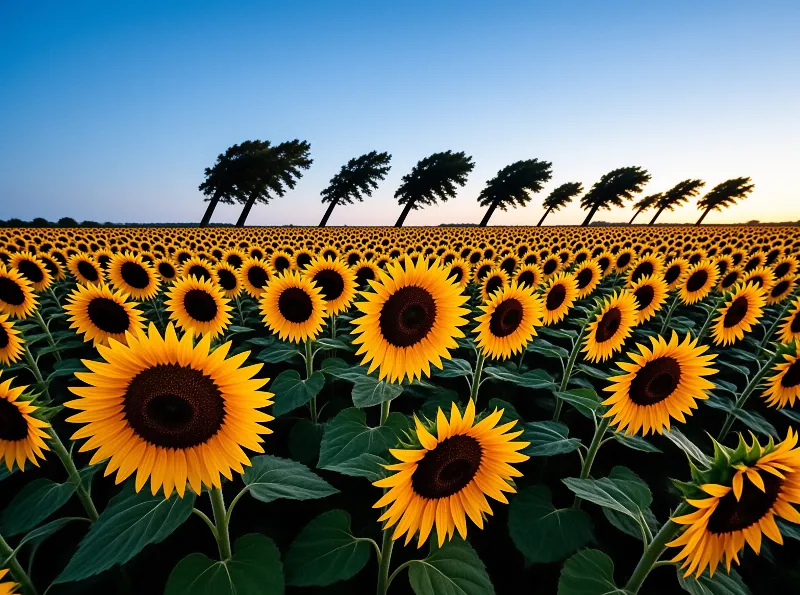 Bright yellow sunflowers fill the field under a dusk sky, with a line of wind bent trees silhouetted at the horizon.