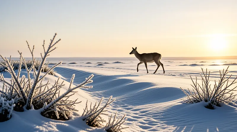 A lone deer trots across a wide field of rippled snow as the low sun illuminates the icy branches in the foreground.