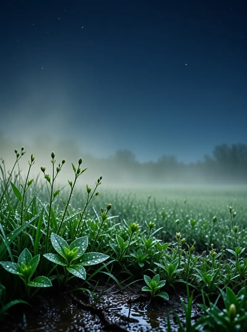 Misty Green Field with Dew