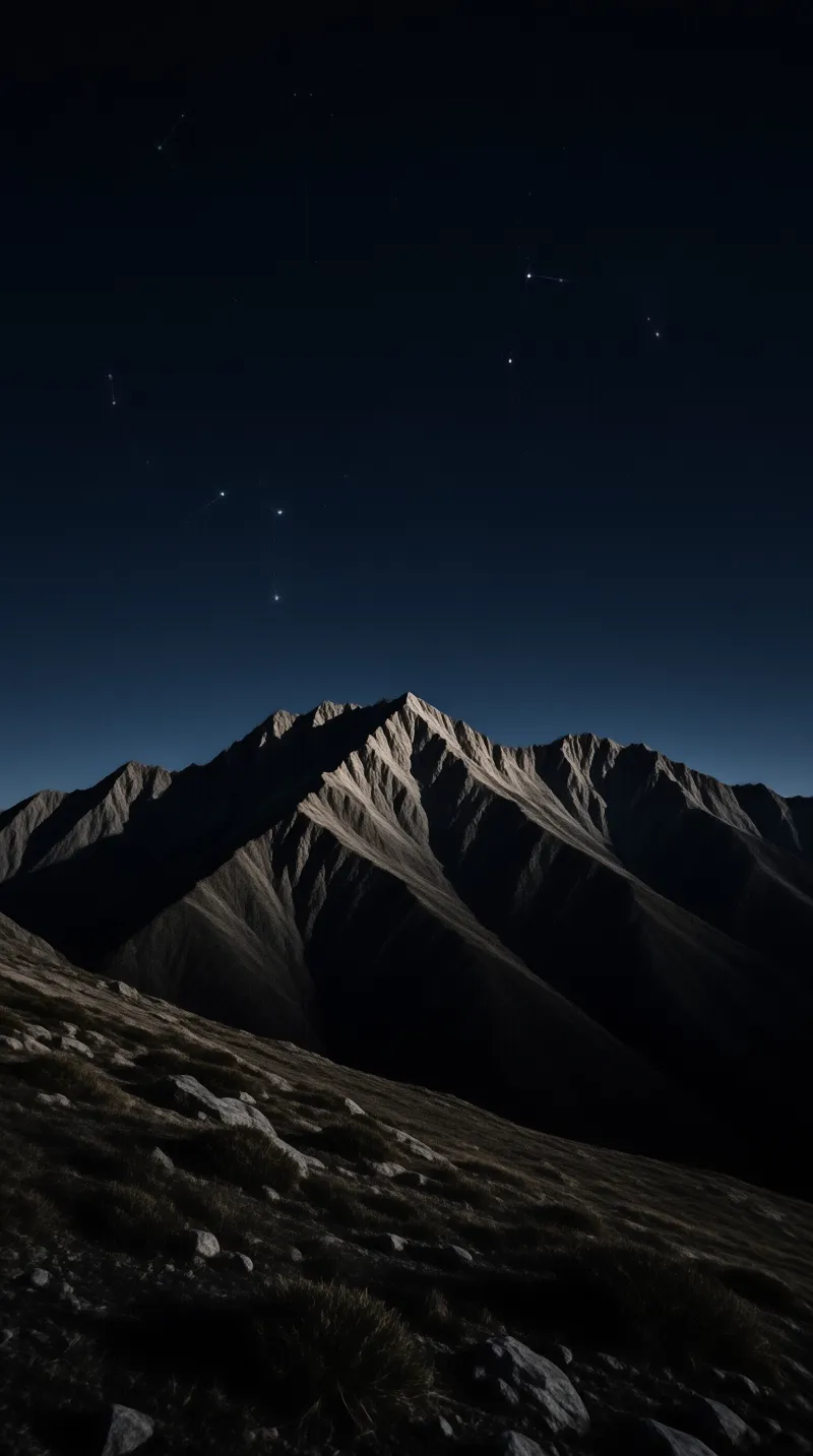 A jagged mountain ridge glows under moonlight while bright stars scatter across the dark blue night sky.