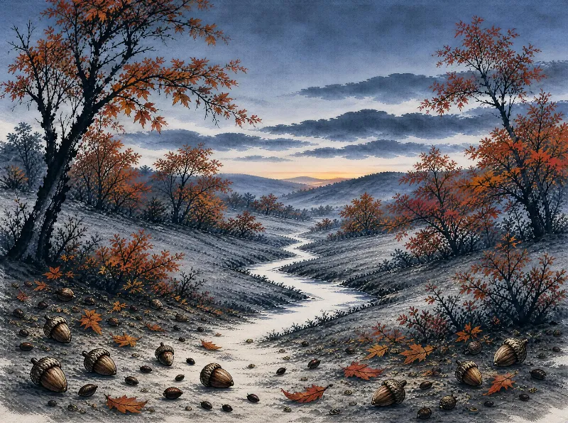 Large acorns and orange leaves scatter across a grey winding path leading to a distant orange horizon under a blue sky.