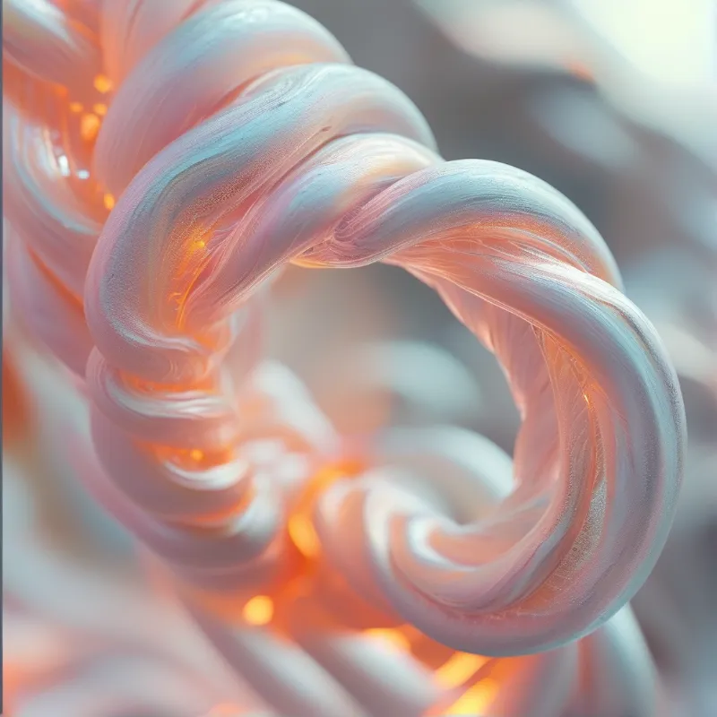 A twisted glass form shows pastel pink and blue hues with glowing orange light trapped within the spiral curves.