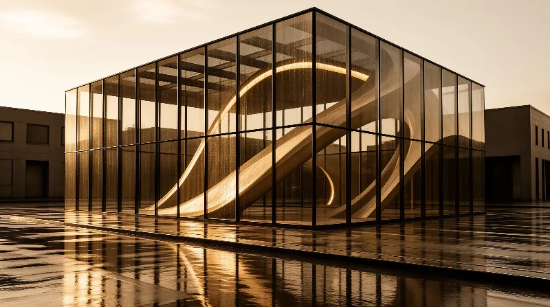 Modern glass pavilion with dark frames enclosing a looping golden wooden sculpture, reflected on a wet plaza at sunset.