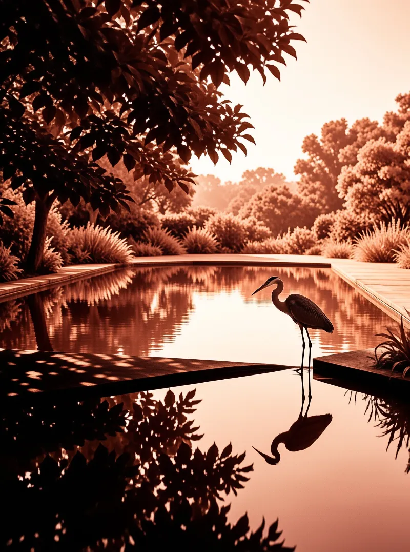 A gray heron stands at the edge of a still pool lined with trees, its reflection mirrored in the warm sepia toned water at dusk.