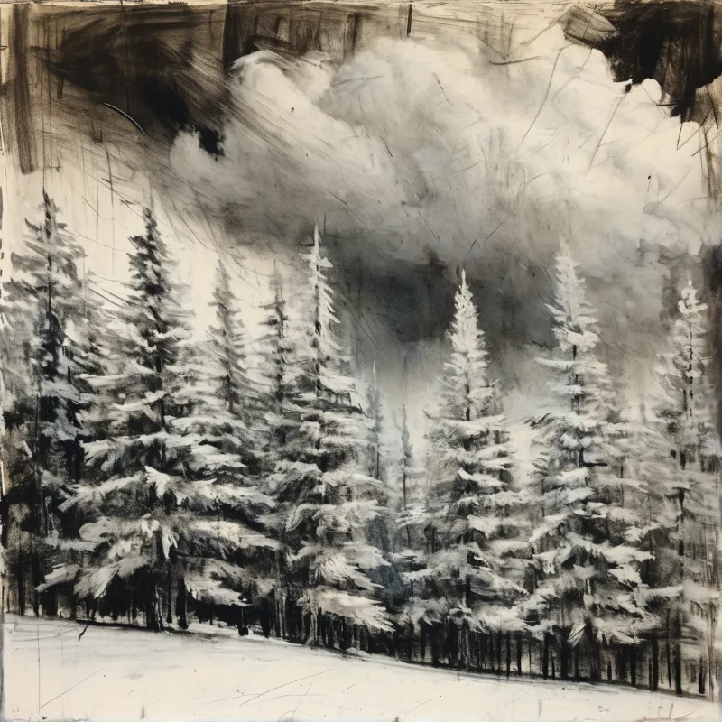 Monochromatic landscape of snow-covered coniferous trees beneath a turbulent cloud-filled sky with visible brushstrokes
