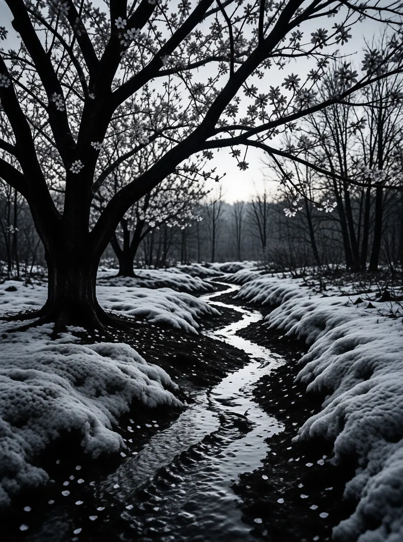 A dark tree with pale blossoms leans over a narrow stream that cuts through snow covered banks in a winter forest.