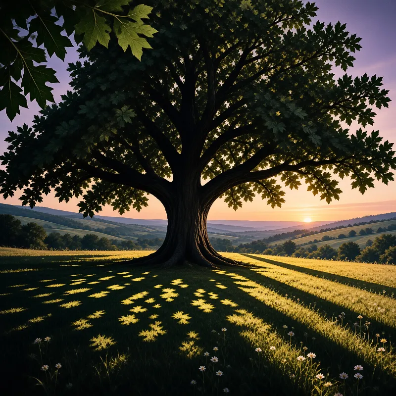 A massive tree casts long shadows across a grassy landscape as the sun sets behind distant mountains.