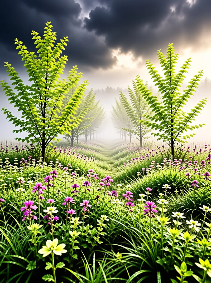 Young green trees and pink wildflowers fill a spring meadow as dark storm clouds glow with sunlight overhead.