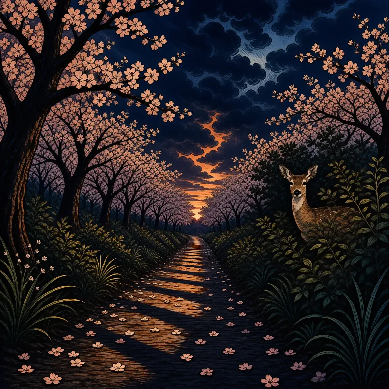 A deer watches from bushes beside a path lined with blooming pink trees under a dramatic orange and blue sky.