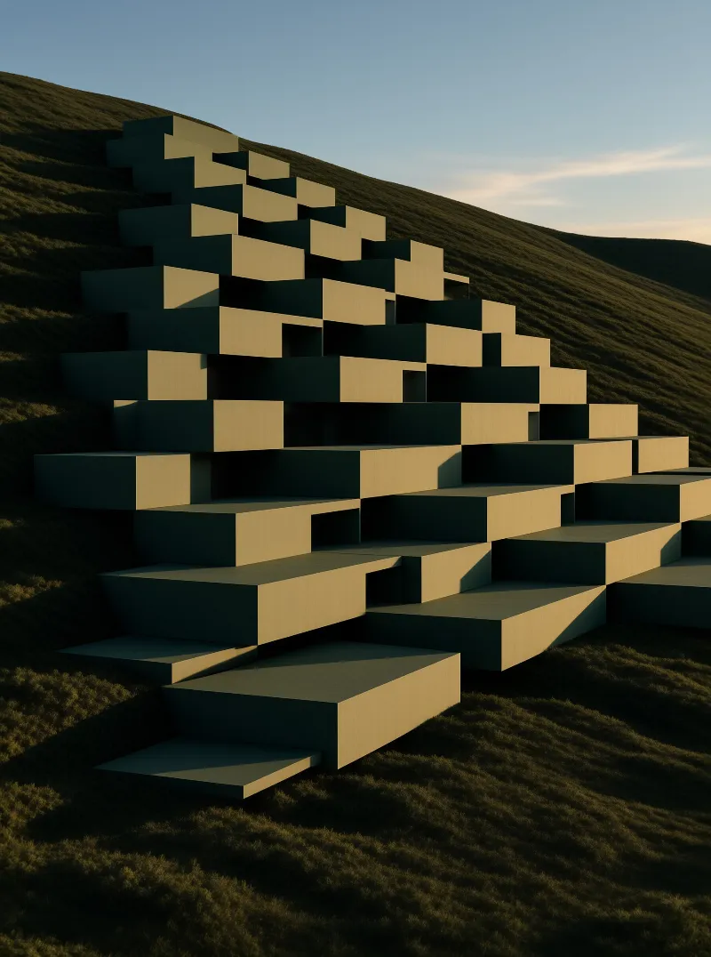 Interlocking rectangular volumes rest in staggered layers on a dark green hillside in warm late afternoon sunlight.