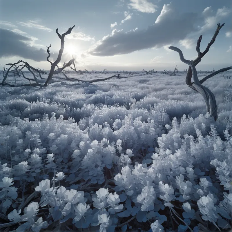 A desolate winter scene shows dead branches rising from a field of white ice under bright sunlight.