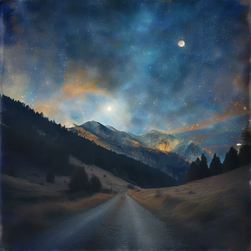 A winding dirt road leads toward snow-capped mountain peaks beneath a luminous night sky filled with stars and nebula clouds.