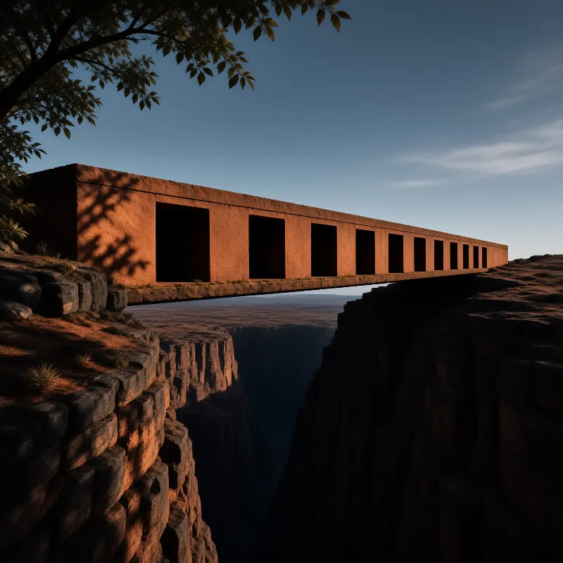 A long reddish brown concrete bridge with dark rectangular openings spans a deep rocky canyon under a clear blue sky.