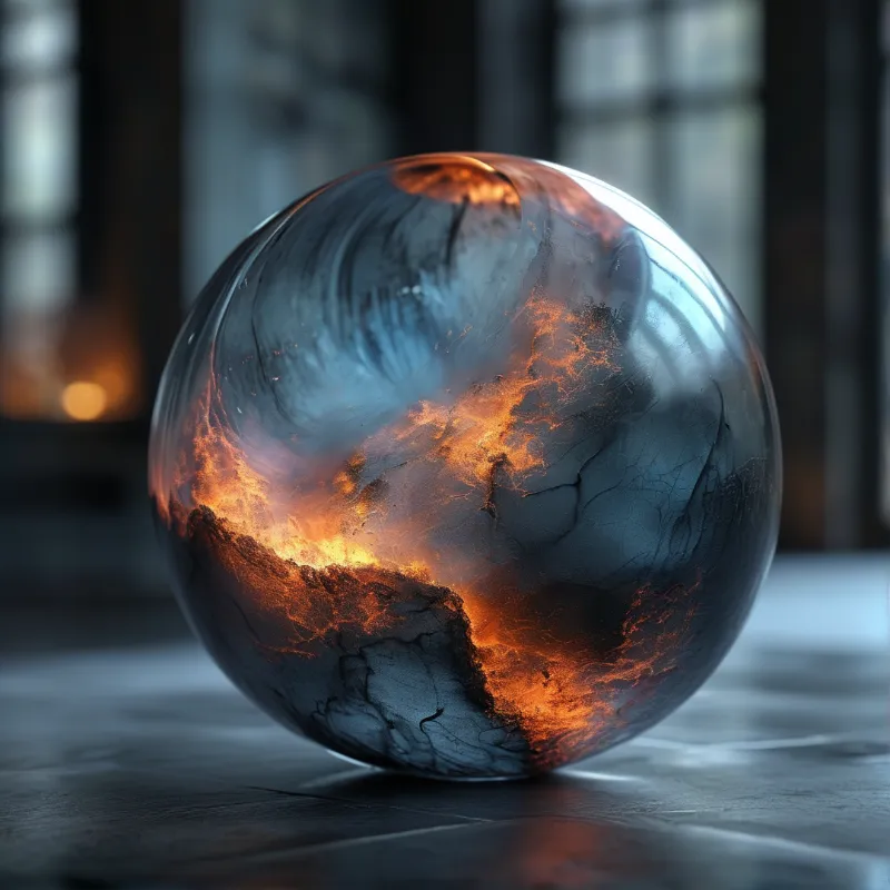 A glowing sphere rests on a dark surface, revealing orange magma veins swirling through its translucent interior.
