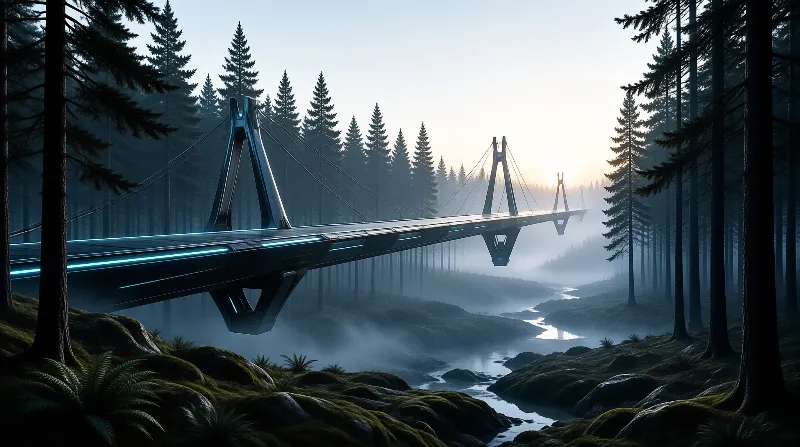A sleek bridge with glowing blue lights crosses a foggy river valley surrounded by tall evergreen trees under soft light.