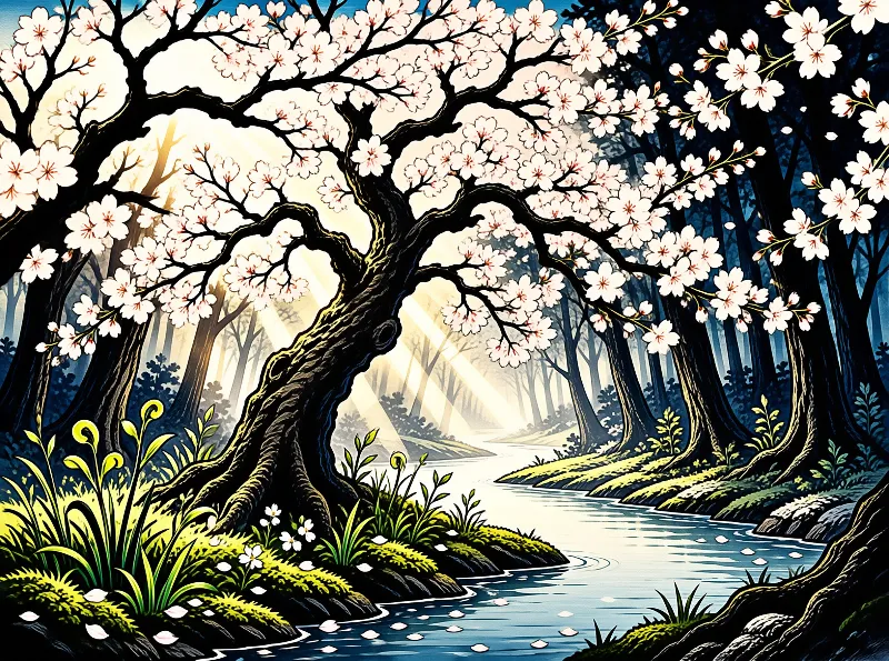 A cherry blossom tree leans over a winding blue river flowing through a dark forest with sunlight streaming through the background trees.
