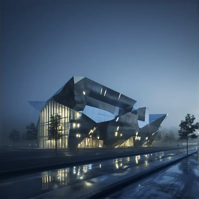 A modern angular building with metallic panels stands under a foggy twilight sky, its lights mirrored on wet pavement.