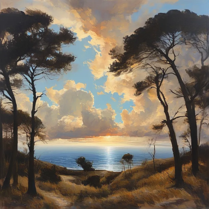 Tall dark trees overlook a calm blue ocean beneath a bright cloudy sky with sunlight reflecting on the water.