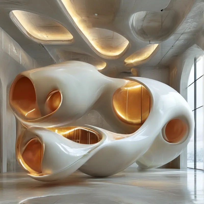 Glossy cream organic form riddled with glowing orange chambers, standing on a pale floor beneath a curved ceiling