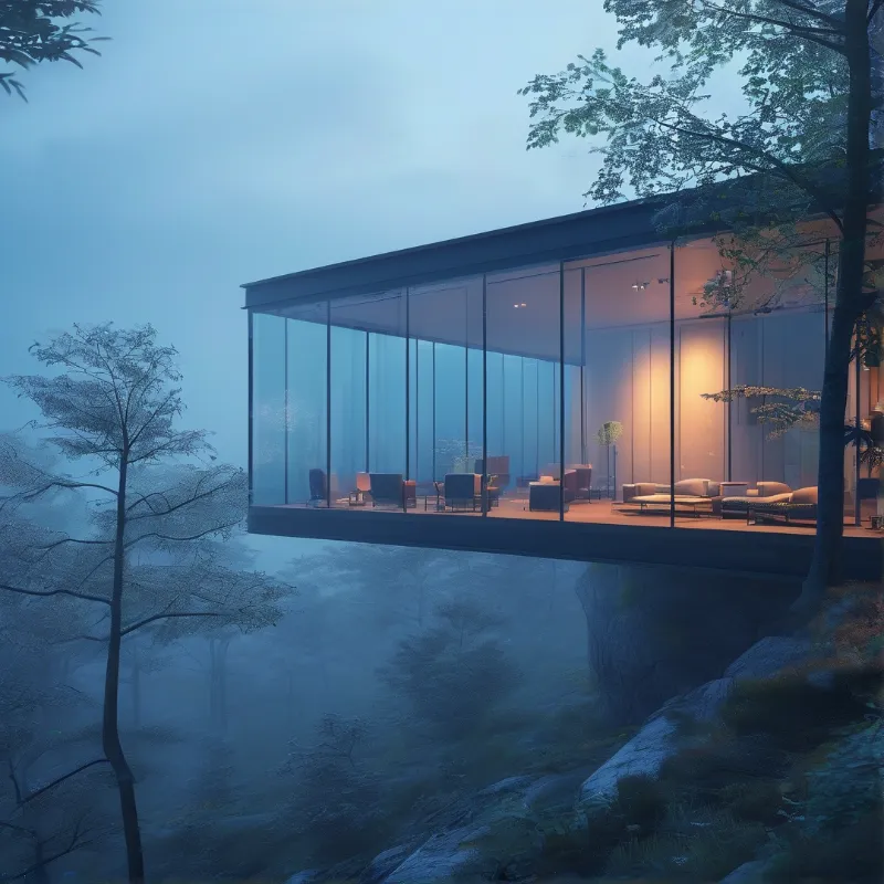 Modern Glass House in Mist