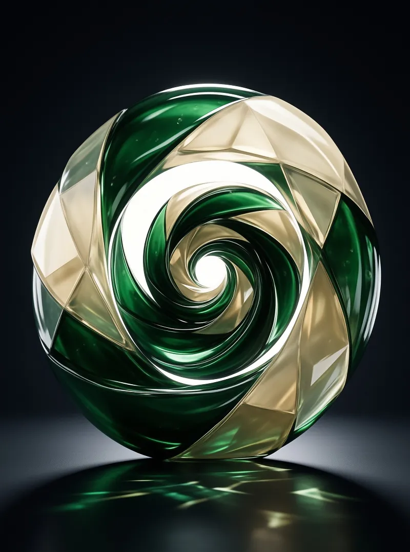 A glossy emerald green and cream orb with a spiral pattern rests on a dark reflective surface.