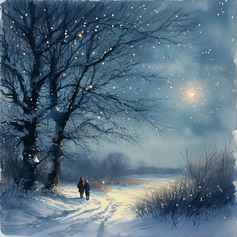 Two bundled people walk a snowy road at night with glowing snowflakes around bare dark trees beneath a bright moon