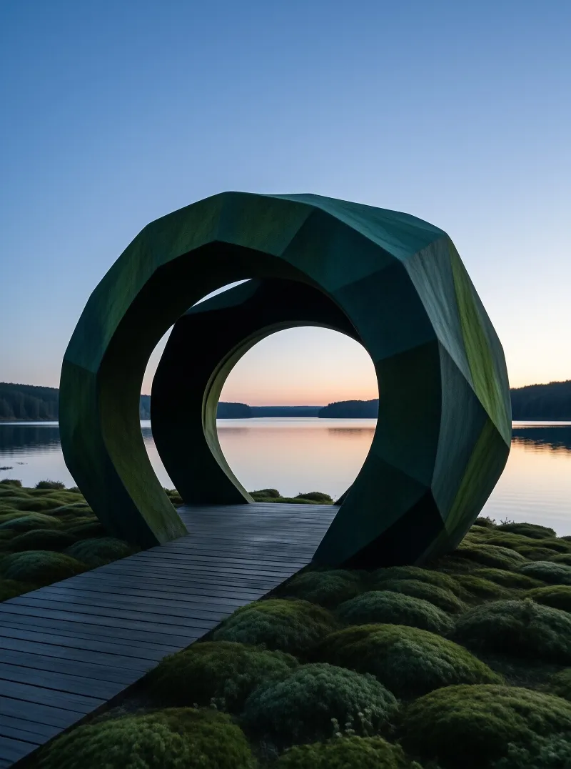 A massive faceted green ring frames a tranquil lake view during twilight blue hour.
