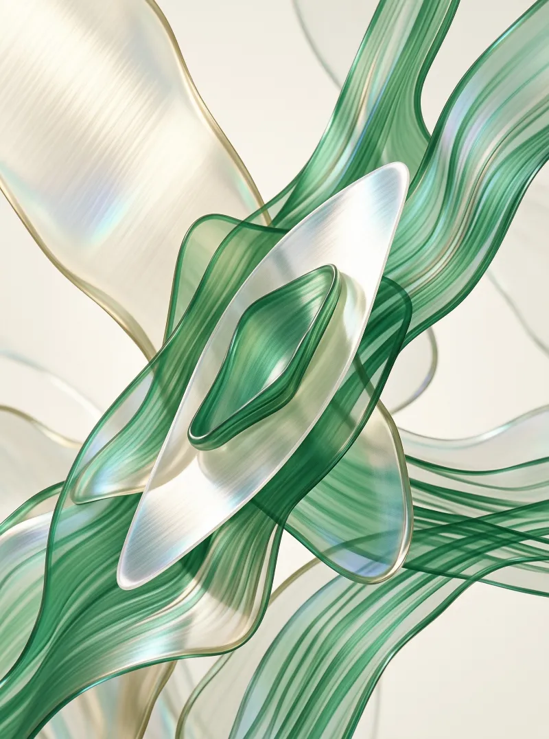 Translucent green and white organic forms twist and overlap in a dynamic composition with soft glowing highlights.