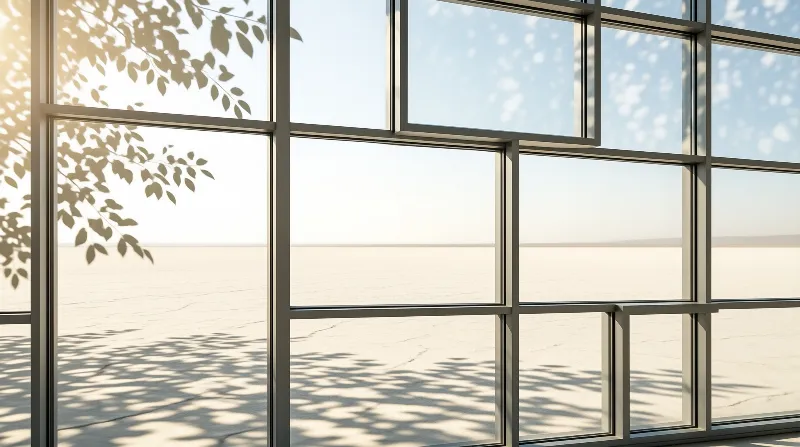 A geometric window grid frames a bright sunlit salt flat landscape while shadows of leaves fall across the floor.