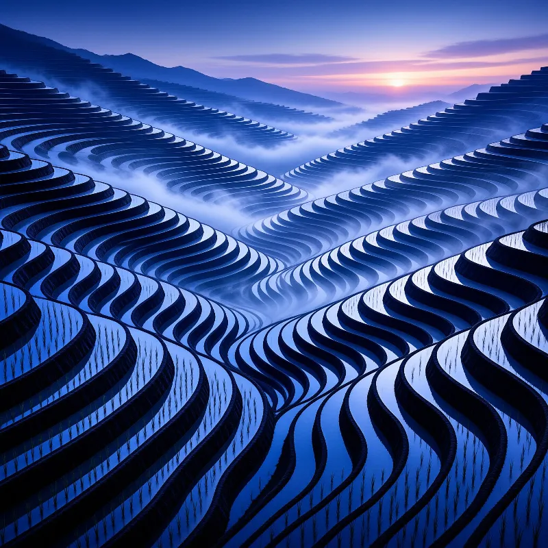 Layered terraced agricultural plots filled with reflective water line a valley under a soft pink and purple sunrise sky.