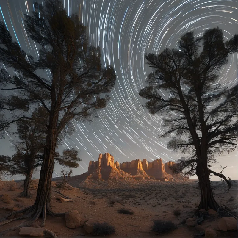 Silhouetted desert junipers frame swirling star trails above golden lit rock formations in arid nighttime landscape