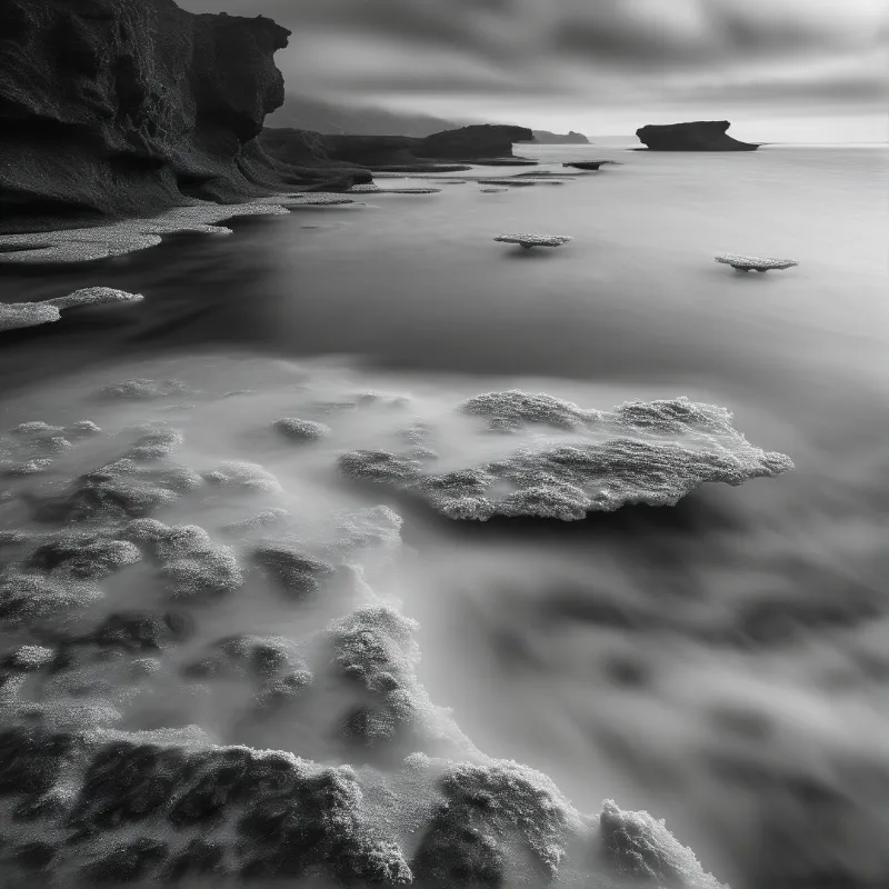 Smooth water flows around dark coastal rocks in a moody black and white seascape with distant islands.