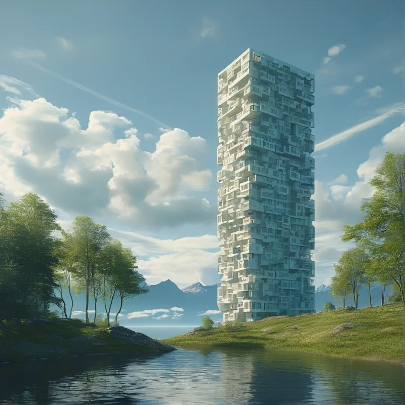 A tall white modular building rises from a green lakeside plain with distant peaks under a bright cloud-streaked sky.