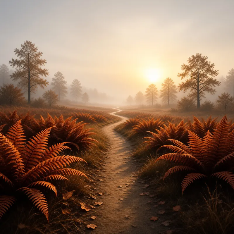 A winding dirt path cuts through a field of large orange ferns under a soft misty sunrise.