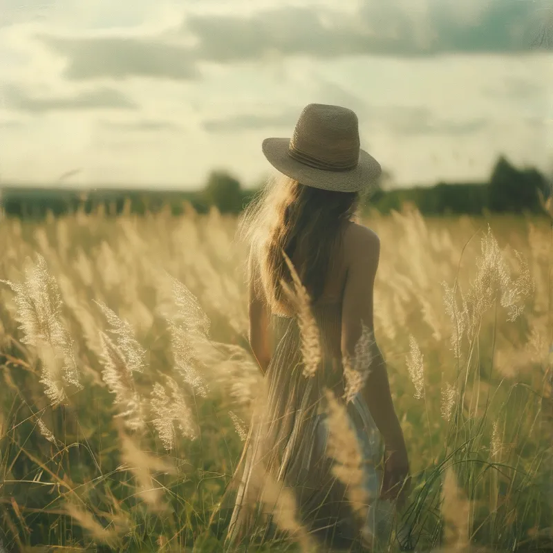 A woman wearing a straw hat stands with her back to the camera in a field of tall golden grass during sunset.